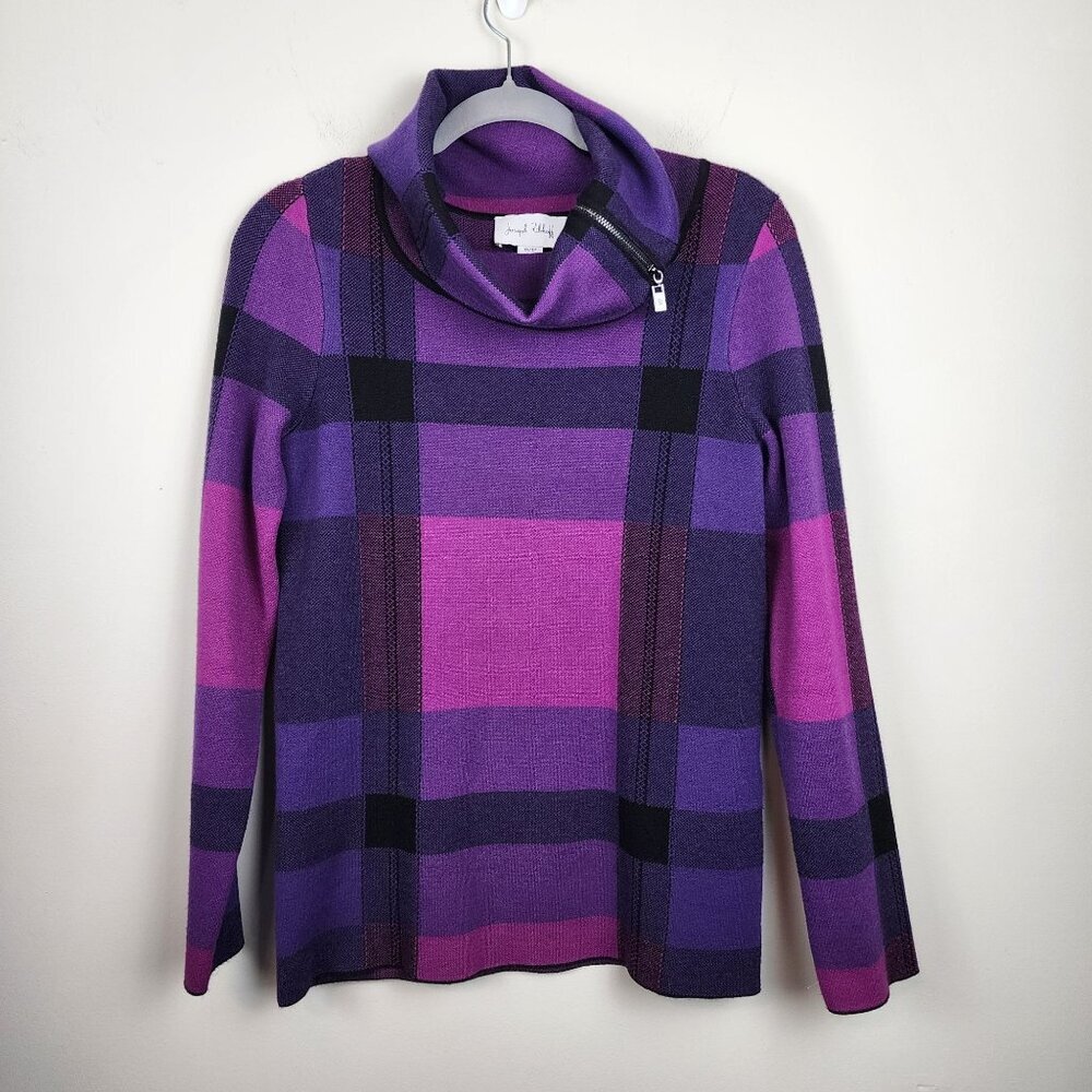 Joseph Ribkoff sz XS Plaid Jacquard Cowl Neck Sweater Purple